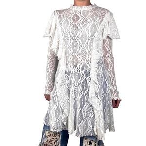 Free People White Lace Ruffle Shoulder Tunic Mini Dress Sheer Keyhole Back M